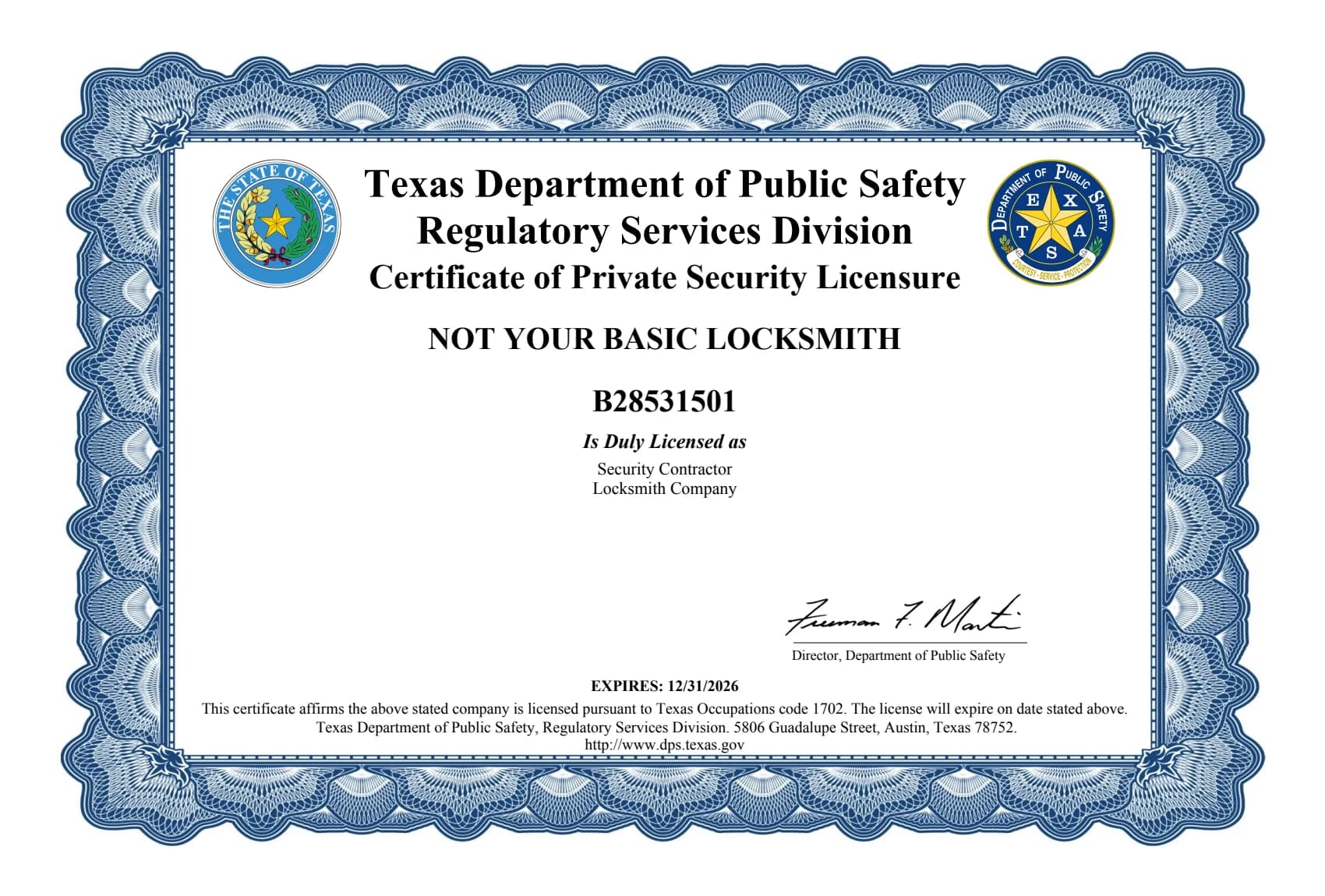 Texas Department of Public Safety Certificate of Private Security Licensure #B28531501 — Not Your Basic Locksmith, licensed Locksmith Company