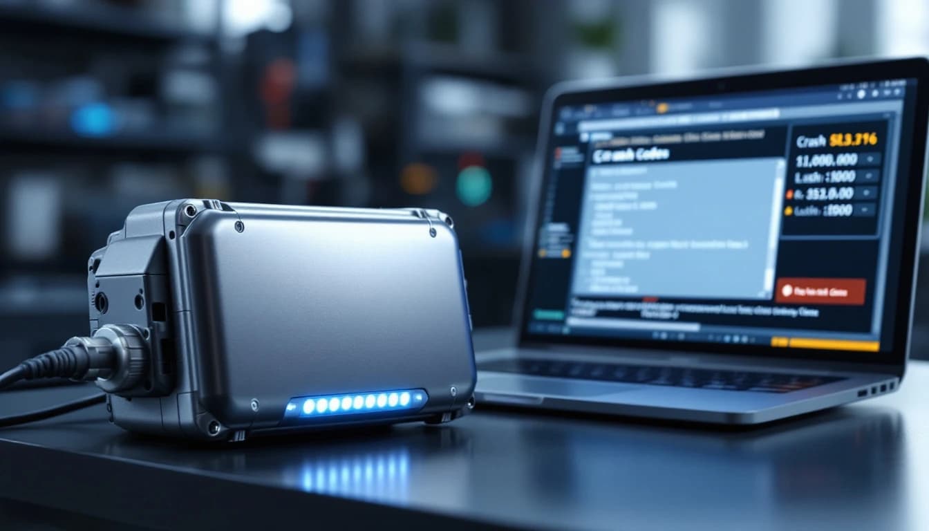 Airbag SRS module next to laptop with diagnostic software