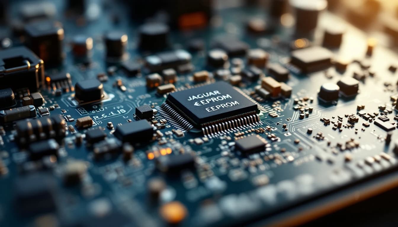 Close-up of Jaguar Land Rover RFA module circuit board with EEPROM
