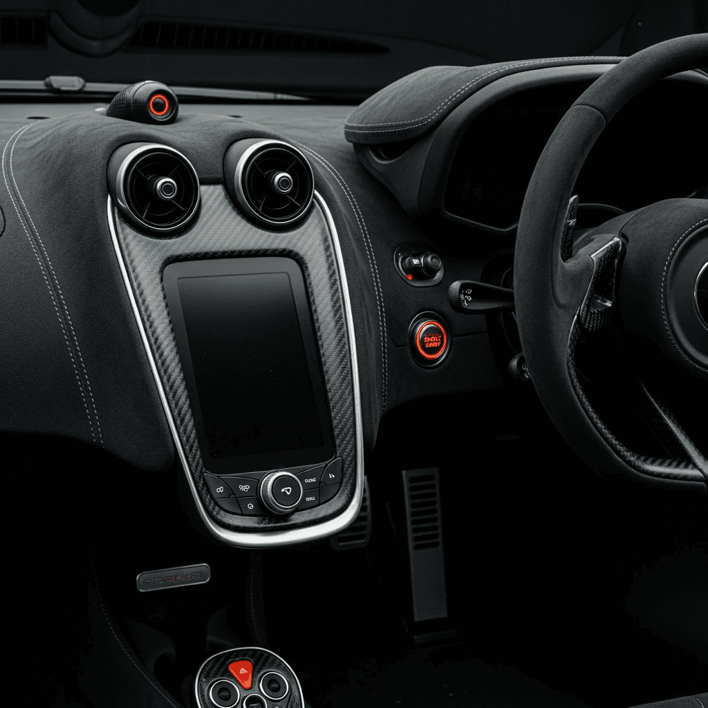 McLaren 720S supercar dashboard with engine-start button glowing
