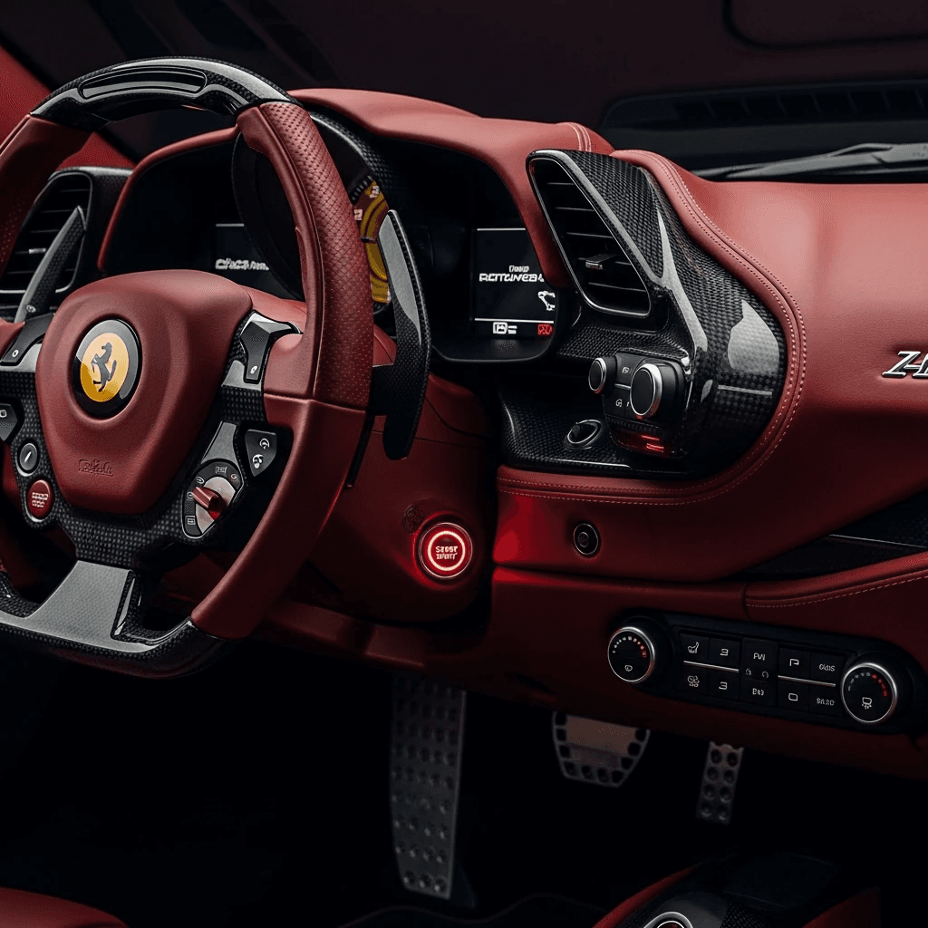 Ferrari supercar dashboard with engine-start button glowing red