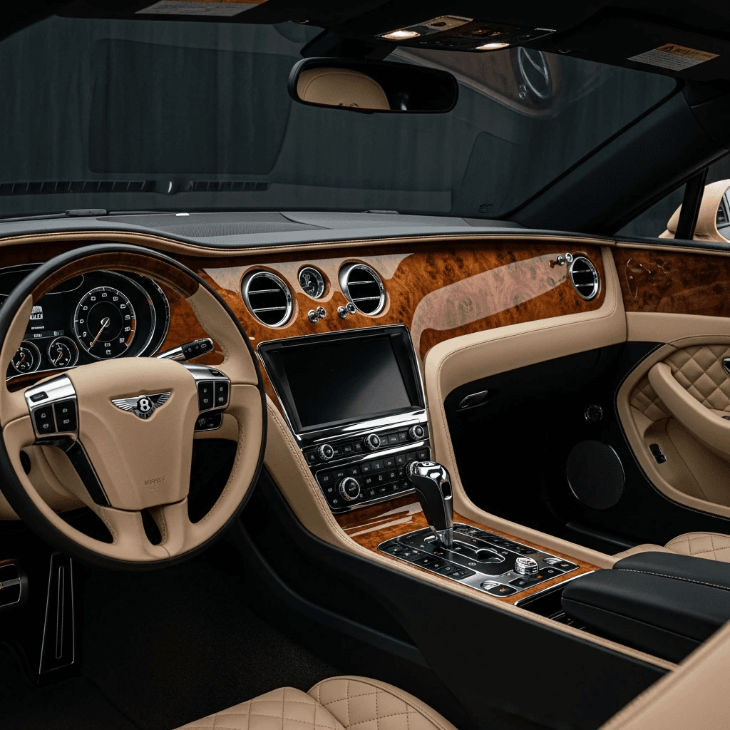 Bentley Continental GT interior — quilted leather, walnut burl, illuminated dashboard
