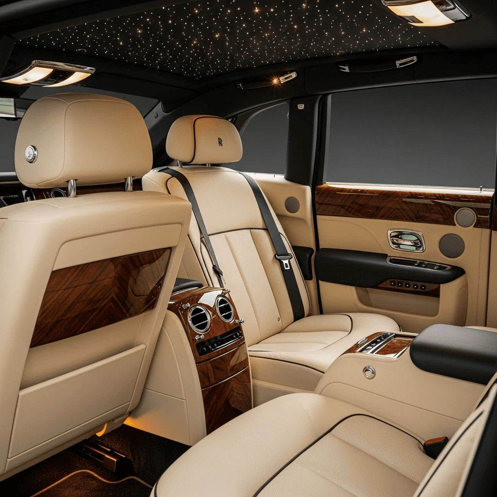 Rolls-Royce Phantom interior — cream leather, mirror chrome, starlight headliner